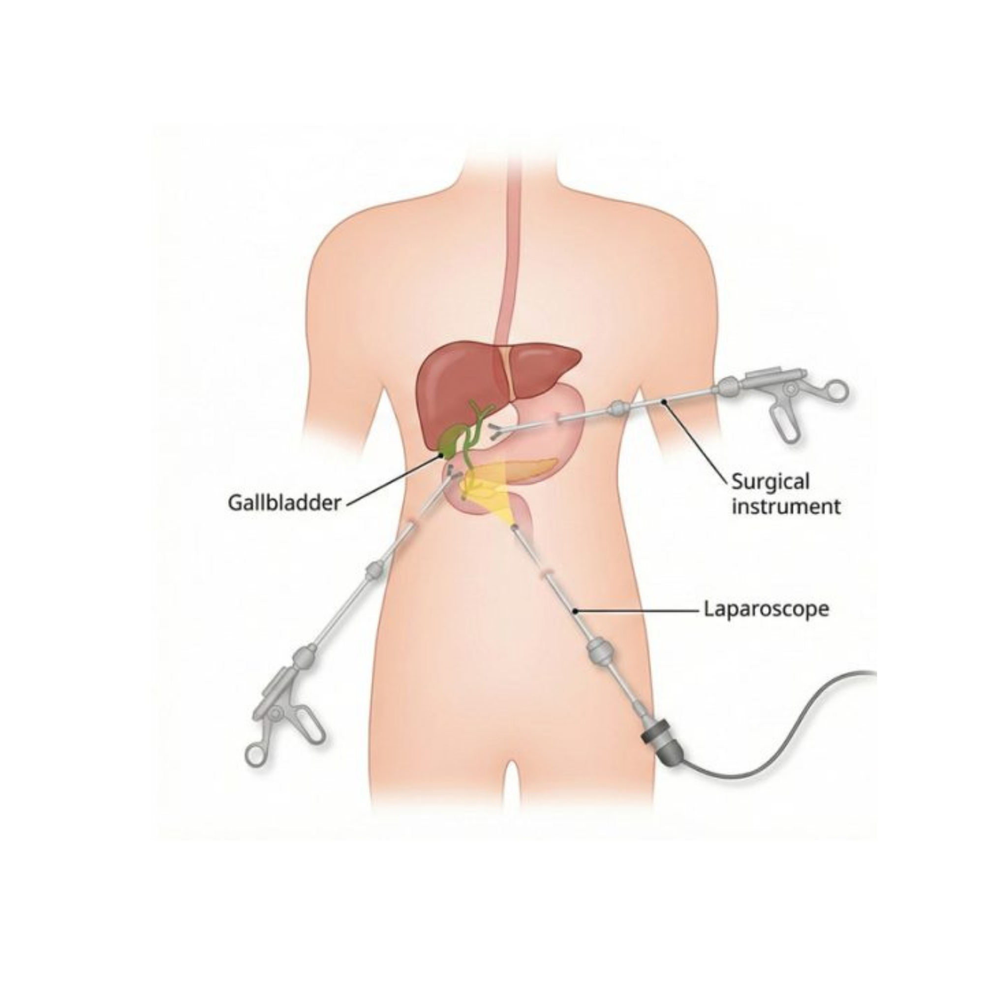 Laparoscopic gallbladder removal — surgical instruments and laparoscope positions
